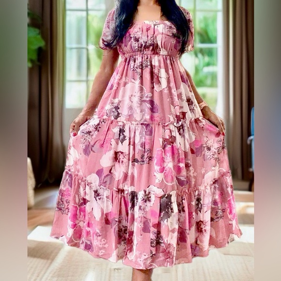 Boutique Dresses & Skirts - “Pink Floral Midi Dress Cottagecore Boho Square Neck Elastic Waist Size S”
